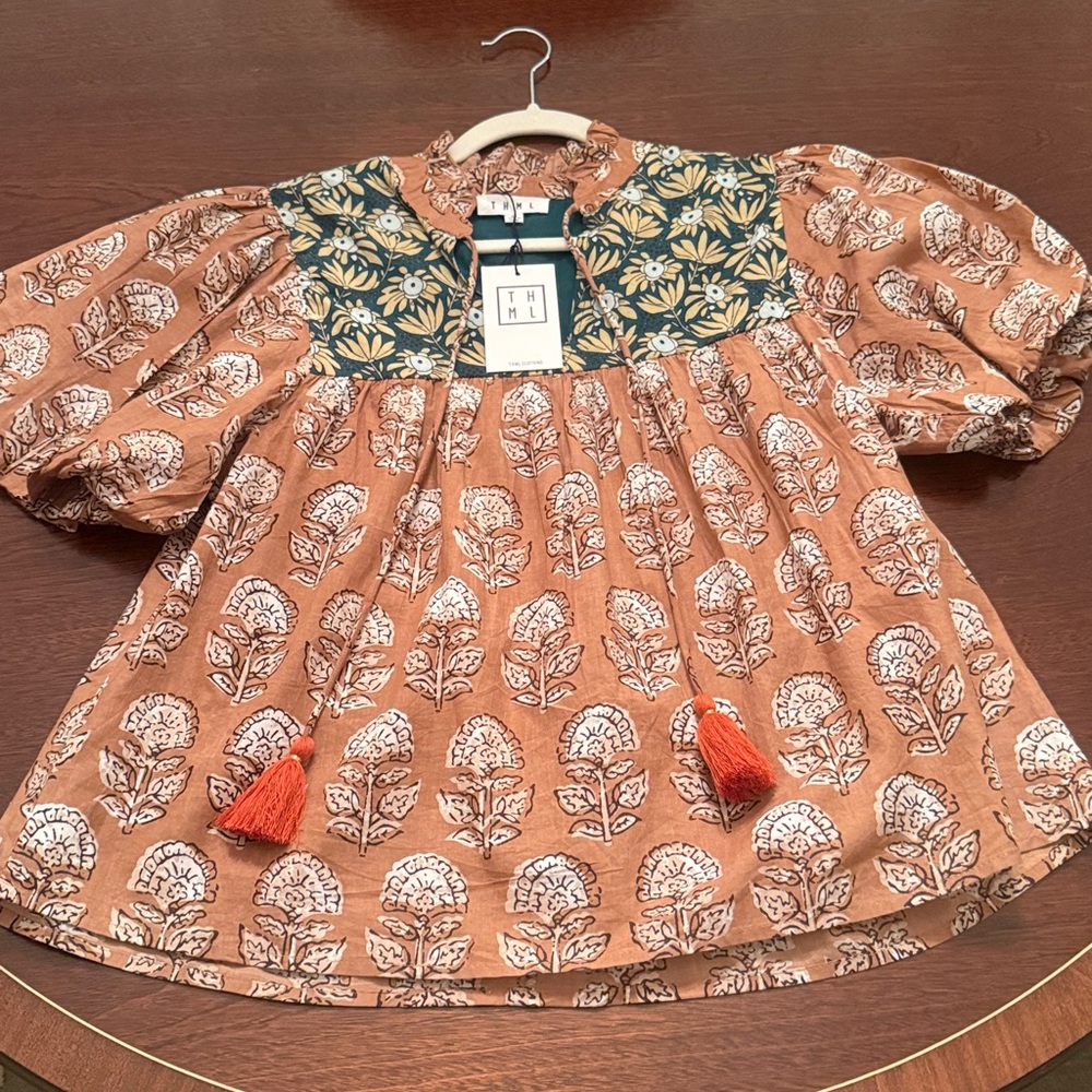 NWT THML Light Brown and Green Tassel Top Size XS